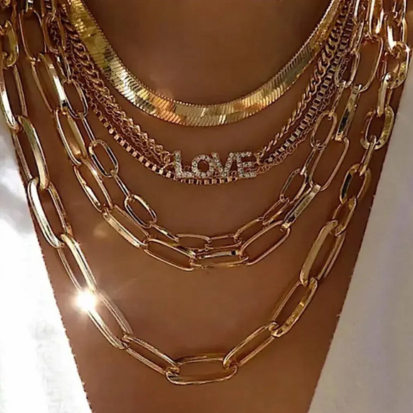 Gold Plated 18K Multilayer Necklace, Chain Link, Paperclip, Love, Zircon - Picture 1 of 1